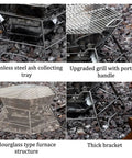 Collapsible camp stove grill with stainless steel ash tray, grill handle, furnace structure, and thick bracket on rocky surface.