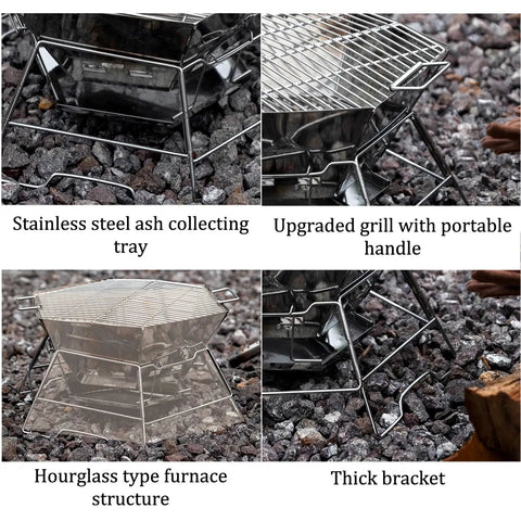 Collapsible camp stove grill with stainless steel ash tray, grill handle, furnace structure, and thick bracket on rocky surface.