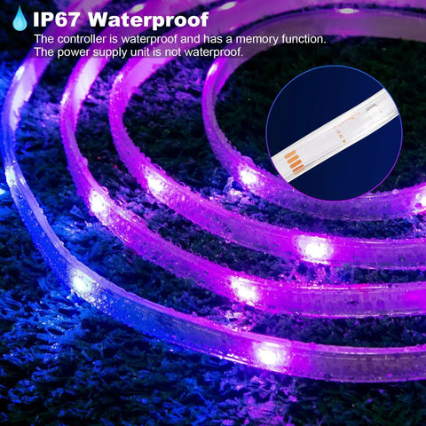 100ft IP65 Waterproof LED Strip Lights For Outdoor And Indoor Use WiFi Smart RGB Color Changing Lights glowing on wet surface