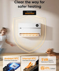 Smart Wall Space Heater For Bedroom, 1500W, 120 Degree Vertical Oscillation shown mounted with safety features displayed