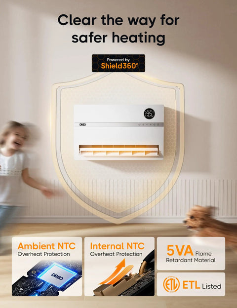 Smart Wall Space Heater For Bedroom, 1500W, 120 Degree Vertical Oscillation shown mounted with safety features displayed