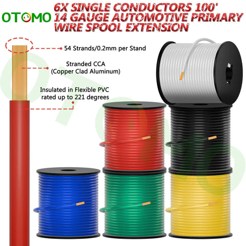 Color Coded 14 Gauge CCA Automotive Primary Wire Set, 6 Rolls Of 100Ft Each, Total 600Ft, White Black Yellow Green Blue Red PVC Jacket