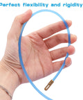 Hand holding a flexible 65 Foot Nylon Fish Tape Wire Puller Kit For Electrical Work, showcasing its durable blue nylon construction.
