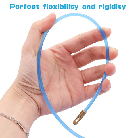 Hand holding a flexible 65 Foot Nylon Fish Tape Wire Puller Kit For Electrical Work, showcasing its durable blue nylon construction.