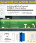 Wall-mount wireless touchpad for RGB+W controllers in kitchen, fits multi-gang boxes, surface mount option shown.