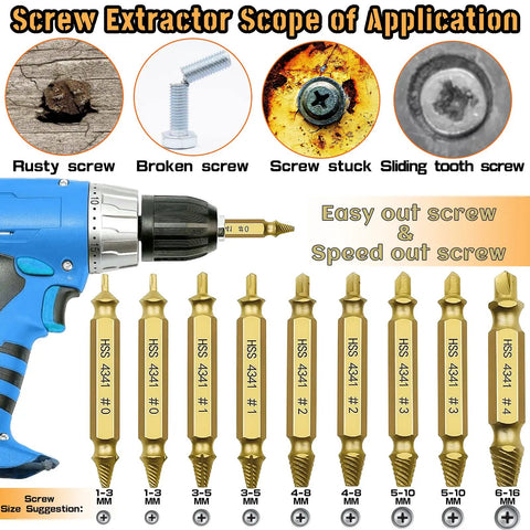 Nine Piece Damaged Screw Extractor Kit For Stripped And Broken Screws With HSS 4341 Titanium Coated Bits and drill demonstration