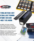 Image showing BCW's QuickFold card box and 9-pocket pages, ideal for card collectors, with protective and display features.