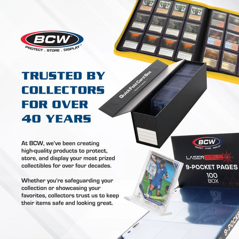 Image showing BCW's QuickFold card box and 9-pocket pages, ideal for card collectors, with protective and display features.