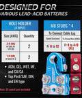Beefed-Up 8-Way Battery Terminal Connector Kit With Positive And Negative Set For SAE DIN EN Tapered Top Post Compatible With 8AWG To 40 AWG Includes OEM Top Post Adapter And Top Mounted Distribution Block For Easy Vehicle Electrical Upgrades. Blue and red aluminum battery terminal kit with M8 studs