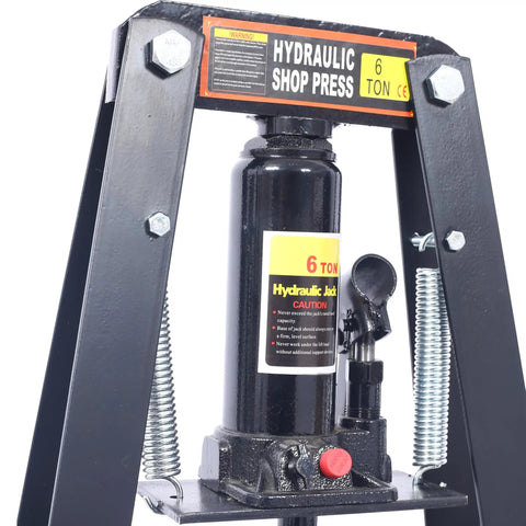 Close-up of 6 Ton hydraulic pump in black frame, part of Badass 6 Ton Hydraulic Shop Press A Frame Design.