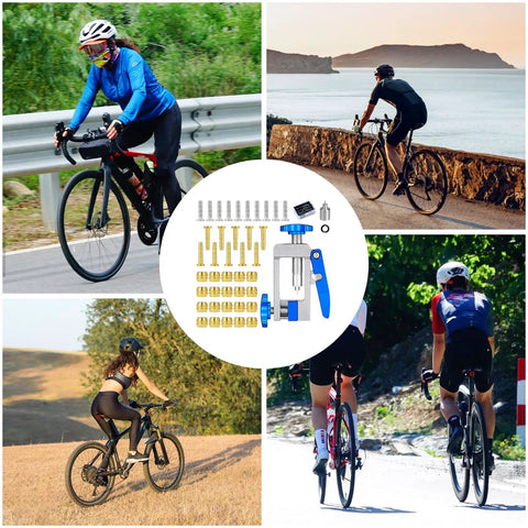 Cyclists with a Hydraulic Disc Brake Hose Fitting Tool Kit With Upgraded Needle Driver, Olive And Brass Inserts displayed in center