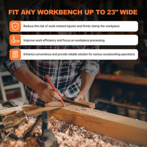 Heavy Duty Adjustable Woodworking Vise For Custom Workbenches Up To 23 Inches Thick with clamped wood and tools on bench.