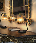 Amber Glass Bedside Lamps Set of 2 For Bedroom With USB Port, Dimmable Nightstand Lights In Vintage Brown Industrial Farmhouse Style, on ornate console with gold mirror.