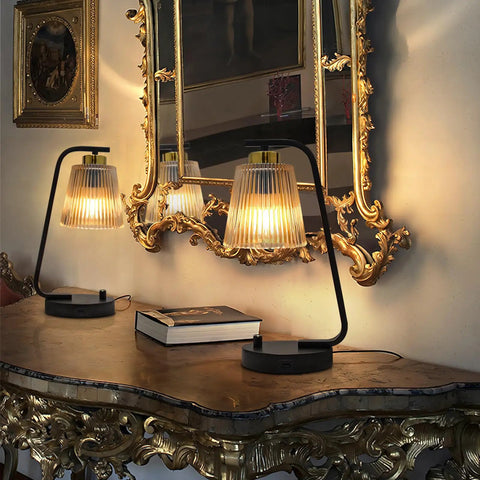 Amber Glass Bedside Lamps Set of 2 For Bedroom With USB Port, Dimmable Nightstand Lights In Vintage Brown Industrial Farmhouse Style, on ornate console with gold mirror.