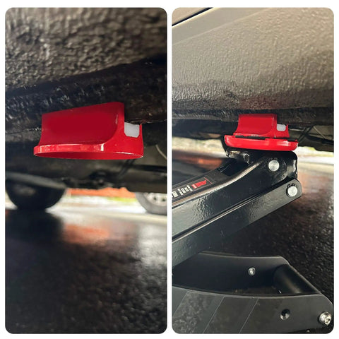 Grooved Pinch Weld Jack Pad With Magnetic Puck And Slotted Frame Rail Guard in use under vehicle, heavy duty red aluminum