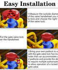 Four Pack Gate Valve Lockout Device Kit easy installation steps with red lock on industrial valve shown in three images