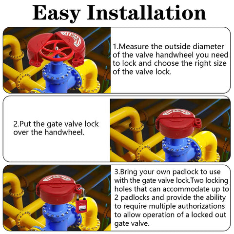 Four Pack Gate Valve Lockout Device Kit easy installation steps with red lock on industrial valve shown in three images