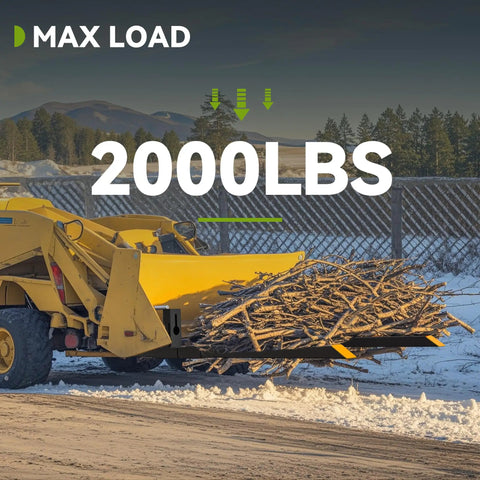 Tractor with 43 Inch Clamp On Pallet Forks For Tractor Bucket, Heavy Duty 2000Lb Quick Attach For Skid Steer Loader loaded with branches