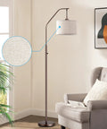 Bronze Arched Floor Lamp With Hanging Lampshade in living room, Simple Farmhouse Design, Stepless Dimming, white linen shade detail