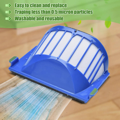 Replacement Parts Kit For Roomba 600 And 500 Series Vacuum Cleaners with blue filter trapping particles on floor