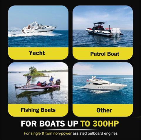 Image of various boats: yacht, patrol, fishing boat, and other, suitable for Beefy Hydraulic Steering Cylinder For Outboard Boats Up To 300HP, 10.3MPa/1500 PSI, Front Mount Aluminum Alloy Body With Two-Way Lock Valve And ORB Fittings, Fits Single Or Twin Engines, text: For Boats Up To 300HP.