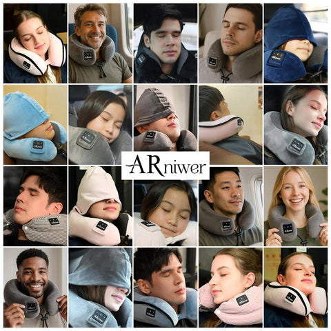 Collage of diverse people using Bluetooth Music Neck Pillow With Built In Speaker For Travel Sleep On Planes Trains Cars And Buses