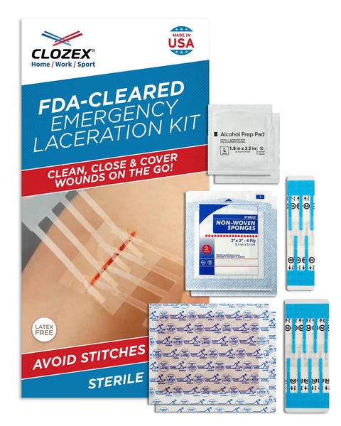 Emergency Laceration Kit For Quick Wound Closure Without Stitches, FSA HSA Eligible, Includes Two Sterile Closures One Inch And One And A Half Inch, Gauze Pads, Alcohol Pads, And Cover Bandages For Two Wounds Or Combined For Up To Two And A Half Inch