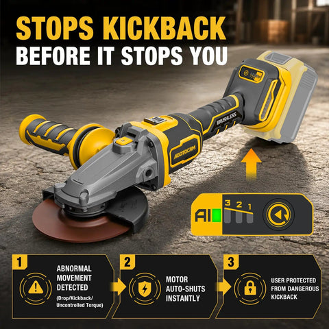Ultra Slim Flathead Angle Grinder Fits Dewalt 20V Max Battery Tool Only, showing brushless motor and safety features.