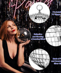 Woman holding a disco ball from 100 Piece Mirror Disco Balls Set Dope Party Decor Bulk Assorted Silver Hanging Decor For Home Parties Weddings