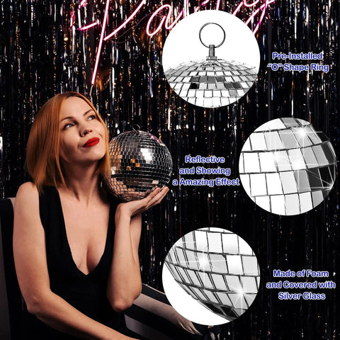 Woman holding a disco ball from 100 Piece Mirror Disco Balls Set Dope Party Decor Bulk Assorted Silver Hanging Decor For Home Parties Weddings
