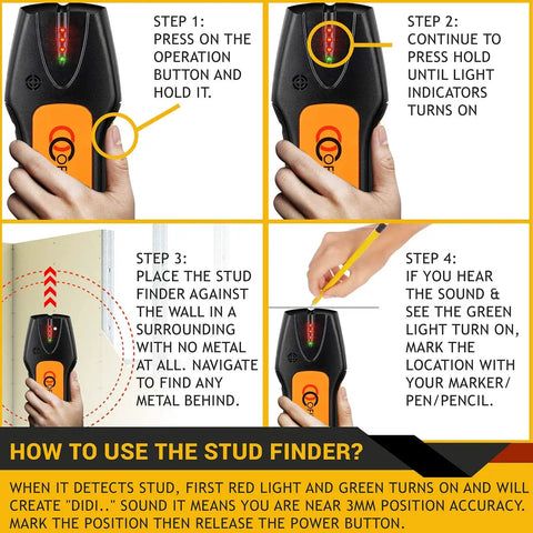 Instructions showing use of Stud Finder And Three In One Laser Level Ruler Wall Scanner For Hanging Pictures with buttons and indicators.