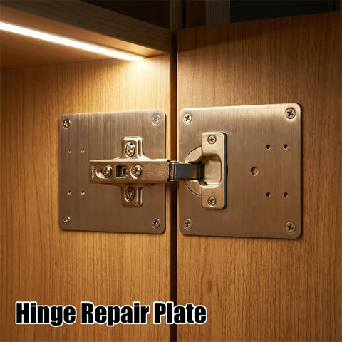 Four Pack Stainless Steel Cabinet Hinge Repair Plates for Kitchen Cupboards and Furniture installed on wood cabinet