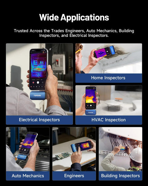 Dual Lens Thermal Camera For Iphone Ipad And Android With 512 By 384 Thermal Resolution And 256 By 192 IR Resolution USB C Compatible Sharp Infrared Imaging Heat Map Ready Blue Temperature Range Minus Four To One Thousand Twenty Two Degrees Fahrenheit in use by various inspectors on different applications.
