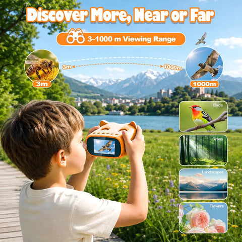 2 In 1 Kids Microscope And Telescope 1000X Magnification Portable STEM Toy For Outdoor Explorers Learn Insects Leaves Rocks Birds And Distant Landscapes Up Close And Far Away On Family Adventures And Class Projects, child using orange handheld device outdoors