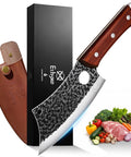 Meat Cleaver Knife With Genuine Leather Sheath For Dad Gift Heavy Duty Japanese 3CR13 Stainless Steel Forged Blade displayed with vegetables.