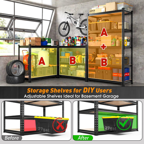 Heavy Duty Garage Shelving 5 Tier Metal Storage Unit 2400 Lbs Capacity Adjustable Shelves 72x36x16 Inch For Garage Basement Pantry Closet Kitchen Warehouse Black, filled with tools and boxes in garage setting