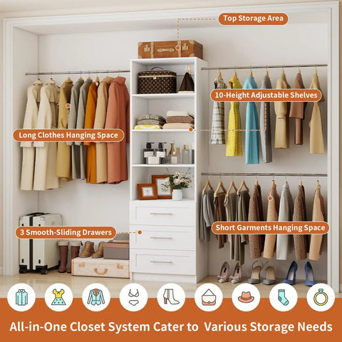 Walk In Closet Organizer Tower With Adjustable Shelves And Four Expandable Hanging Rods, Modular Drawer Closet System