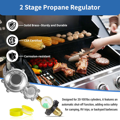 Front view of 2-stage propane regulator with gauge and POL for 20–100 lb tanks on a gas grill