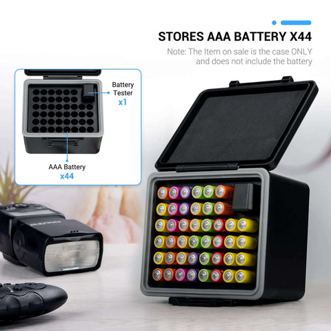Heavy Duty Storage Box For Forty Four Aaa Batteries With Detachable Tester shows open case storing 44 AAA batteries and tester inside.
