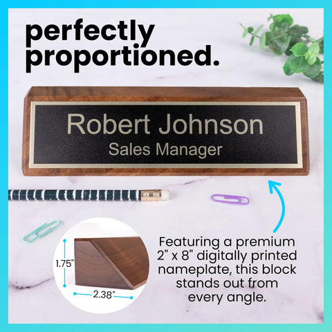 Personalized Walnut Wood Desk Name Plate With Black Base And Gold Lettering, 2 By 8 Inches, shown with text 'Robert Johnson'.