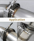 Close-up of 3 Inch V Band Clamp Kit Four Pack For Exhaust Systems With 304 Stainless Steel T Bolt Flanges installed on pipes
