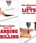 Deluxe Drill Press Table With Precision Tilt Adjustable Fence System showing adjustable zero clearance plate and sanding process.