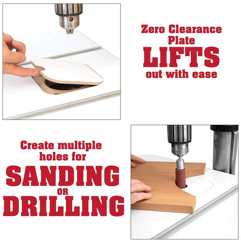 Deluxe Drill Press Table With Precision Tilt Adjustable Fence System showing adjustable zero clearance plate and sanding process.