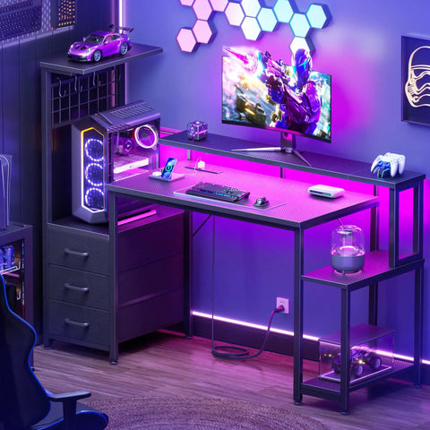 48 Inch Gaming Desk Setup With LED Lights And Power Outlets Computer Desk With Fabric Drawers And Side Hook Reversible Gamer Table With Monitor Stand For Game Room Or Home Office Carbon Fiber Black Finish
