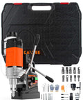 Front view GarveeTech magnetic drill press with orange housing, carrying case and drill bits
