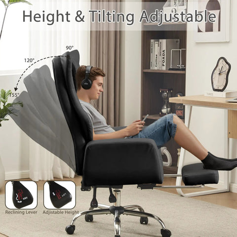 Man relaxing in Ergonomic Cross Legged Office Chair With Footrest For Big And Tall Folks, reclining at 155 degrees.
