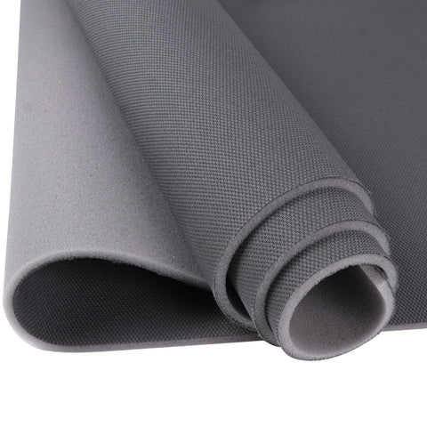 Headliner fabric mesh with foam backing, dark gray, rolled for automotive interior replacement — close-up