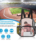 Clear Stadium Backpack Passes Security Easily 12x12x6 Inches With Front Pocket displayed at sports event.
