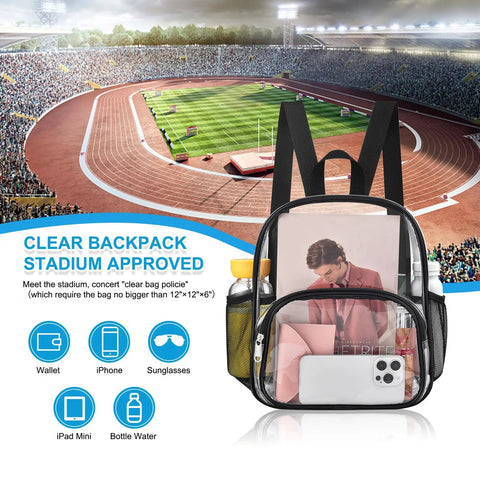 Clear Stadium Backpack Passes Security Easily 12x12x6 Inches With Front Pocket displayed at sports event.