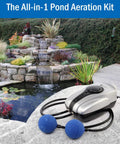 All In One Koi Pond Aerator Kit For Outdoor Ponds Up To 1000 Gallons With Double Outlet Tubing Air Stones Check Valves And Replacement Filter Pads No Fuss Install Pond Air Pump System next to koi pond waterfall.